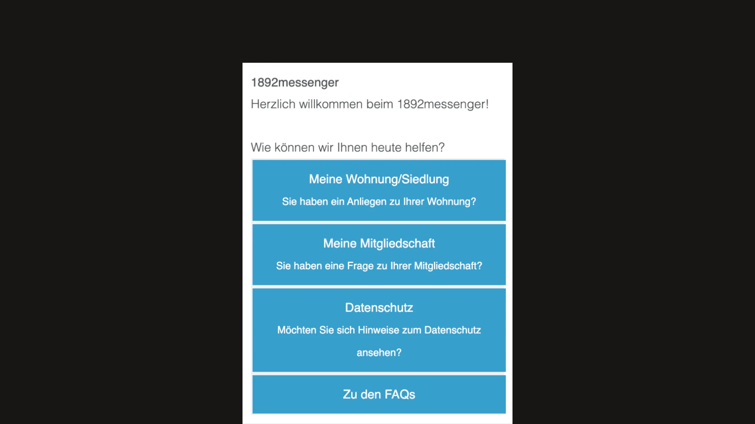The 1892messenger chat widget welcoming a user in German with four menu buttons