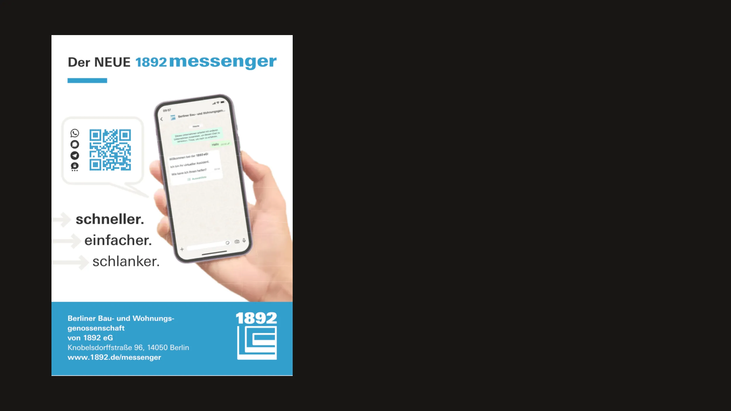 Poster for the new 1892 messenger: a hand holding a phone with the chat, beside a QR code