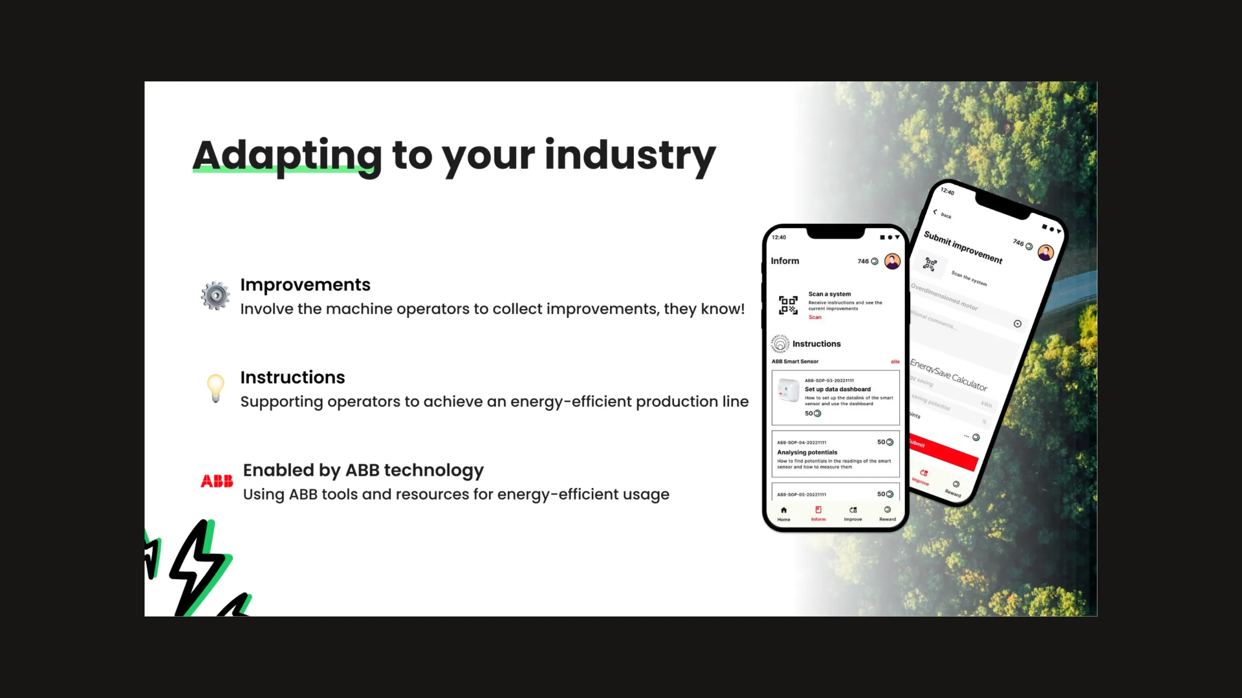 Pitch slide "Adapting to your industry" with two phone mockups of the inform and submit-improvement screens