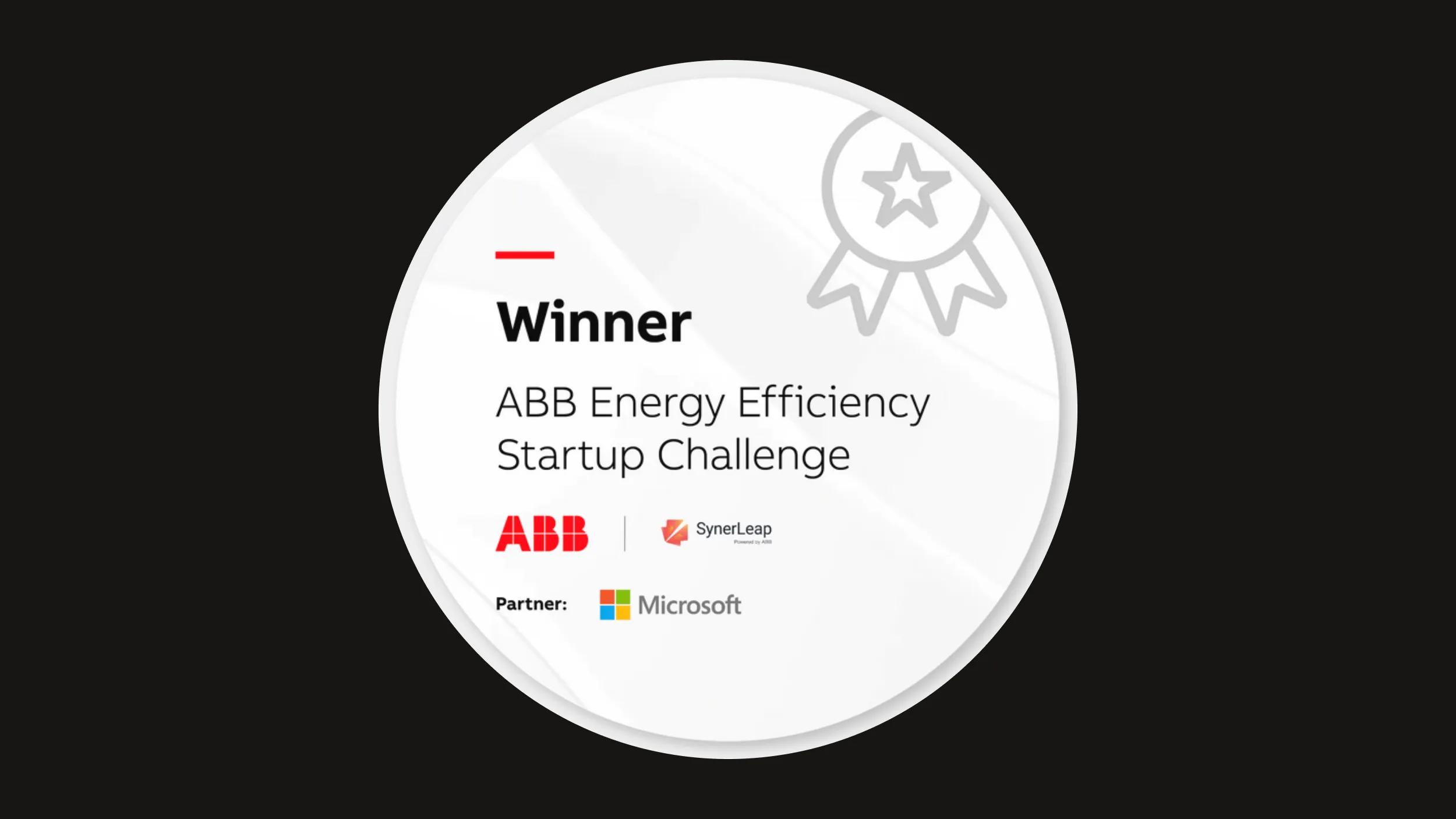 Winner badge for the ABB Energy Efficiency Startup Challenge, with the ABB, SynerLeap and Microsoft logos