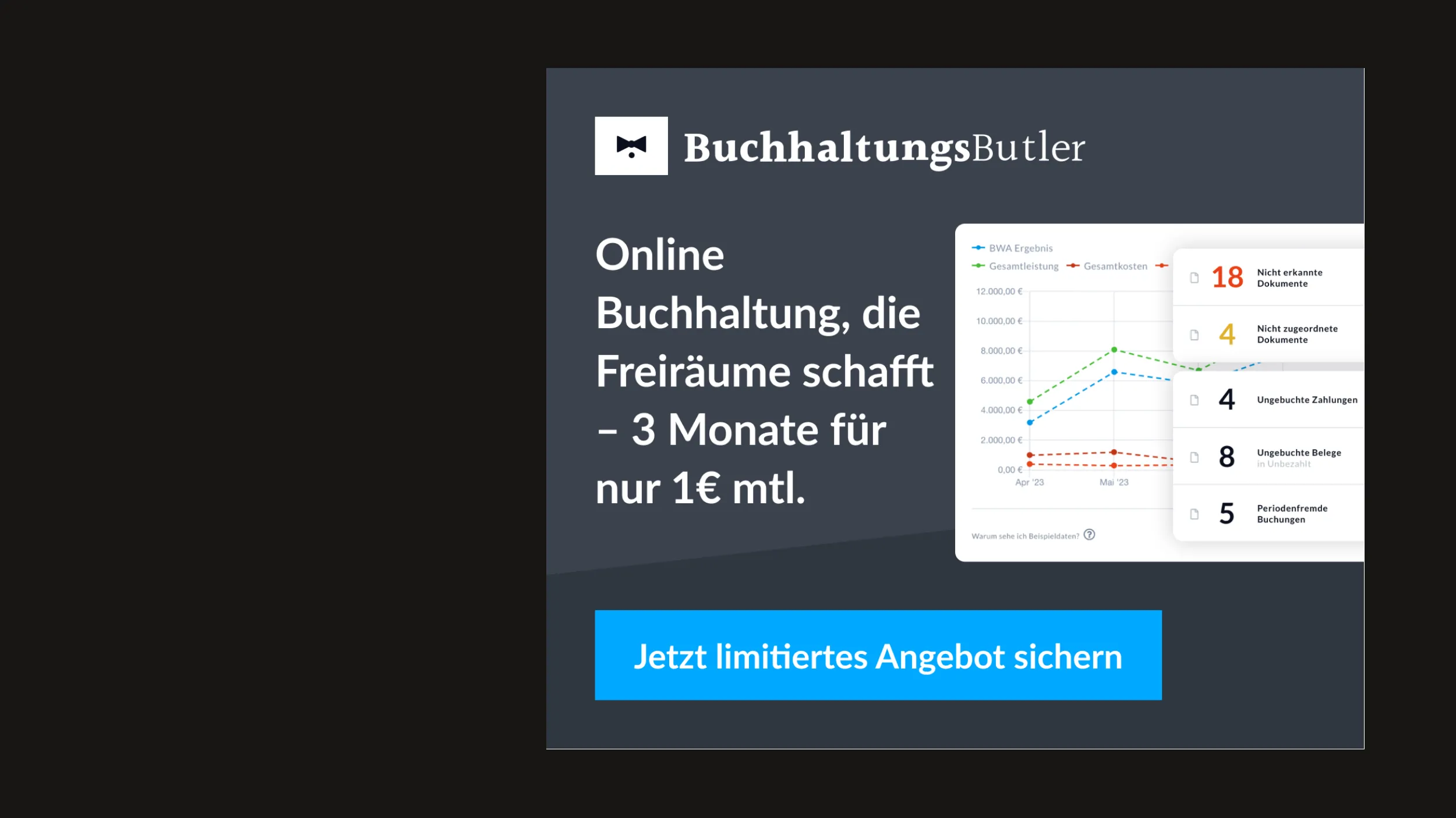 German display ad for BuchhaltungsButler online accounting, showing a dashboard chart and a blue call-to-action