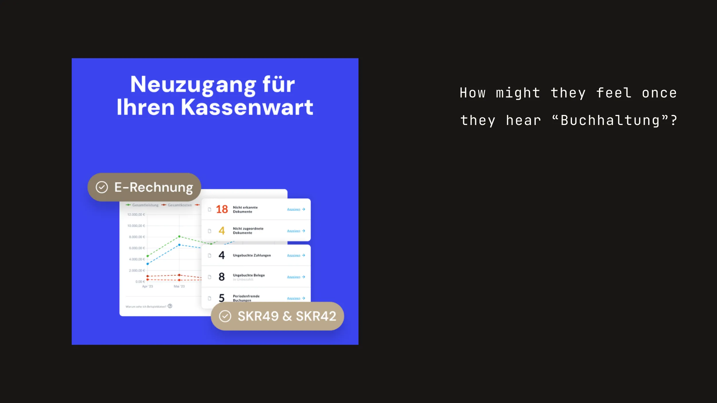 Blue marketing tile "Neuzugang für Ihren Kassenwart" with app screenshots and E-Rechnung and SKR49 badges