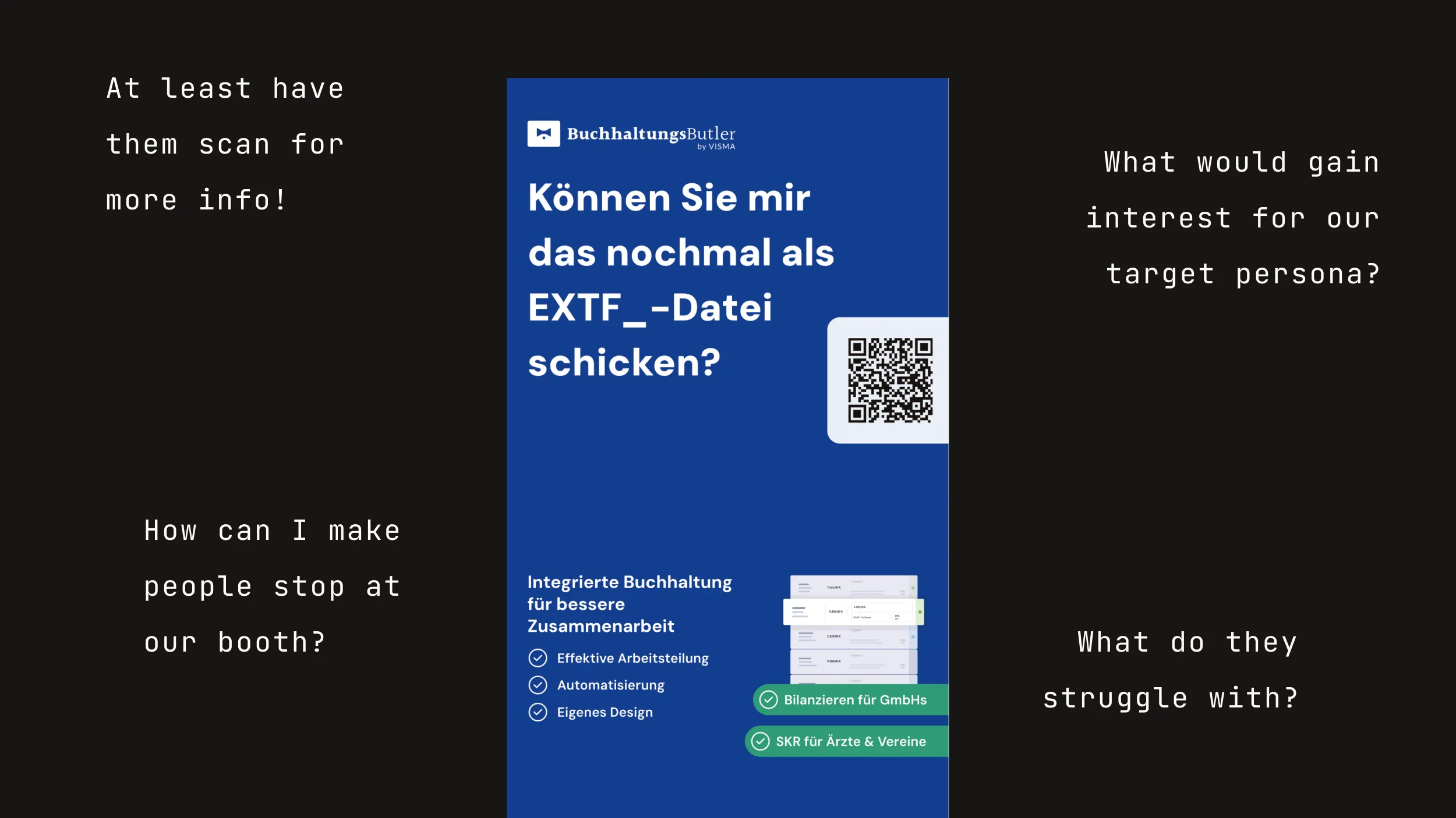 Slide showing a blue German poster with a QR code, framed by handwritten English questions