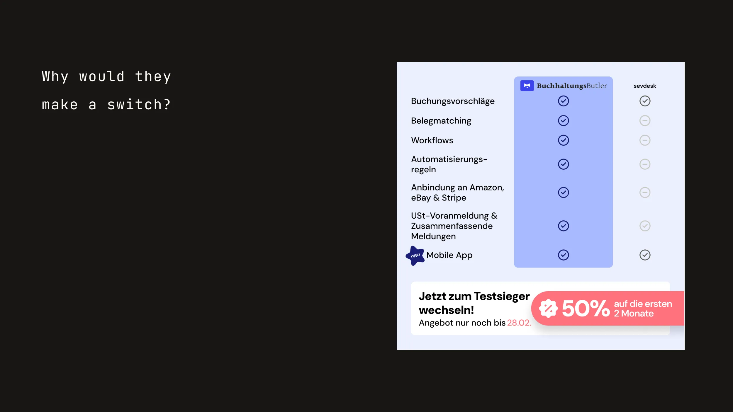 Slide asking "Why would they make a switch?" beside a BuchhaltungsButler and sevdesk feature comparison